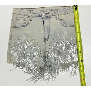Trails Light Wash Sequin Fringe Rhinestone Denim Shorts Festival Western Medium